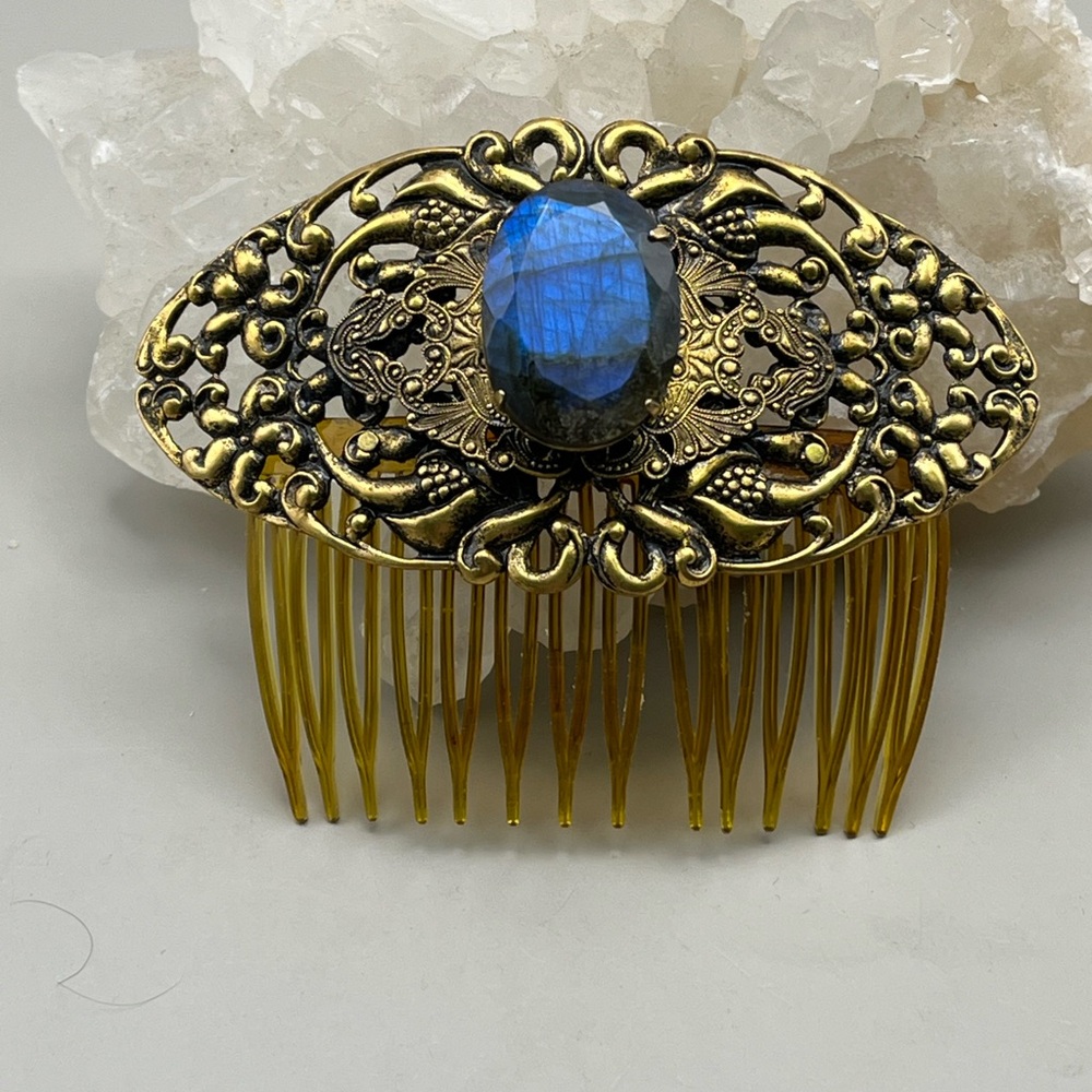 Elegant Vintage Gold and Blue Labradorite Hair Comb - Picture 2 of 6